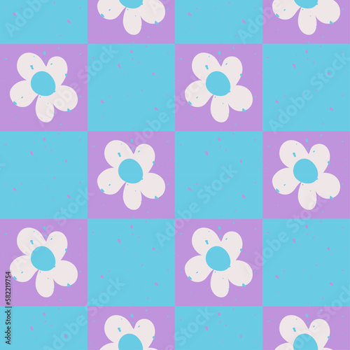 Groovy Pattern Textured Daisy Flowers. Retro blue checkered background with daisies