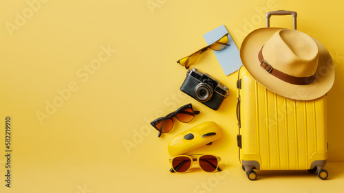 Yellow suitcase with sunglasses, hat and camera on yellow background. Generative AI.