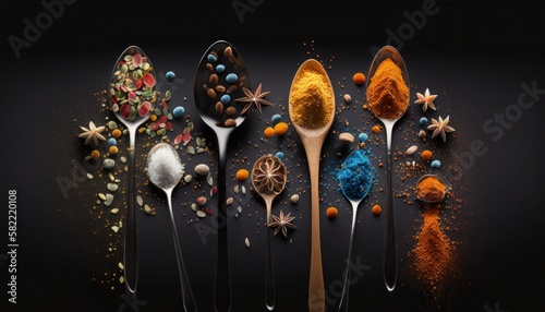 Colorful spices on spoons, generative ai