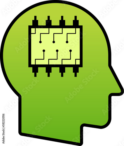 Artificial intelligence illustration. Icon of head with microchip. Chip in head for artificial intelligence illustration. Social issue regarding robot that replace human work