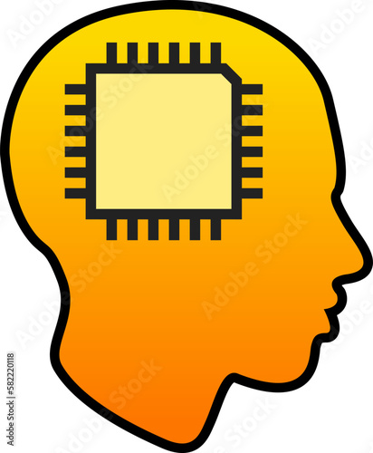 Artificial intelligence illustration. Icon of head with microchip. Chip in head for artificial intelligence illustration. Social issue regarding robot that replace human work