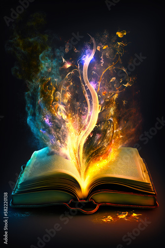 An open book with flames coming out of it. Generative AI.
