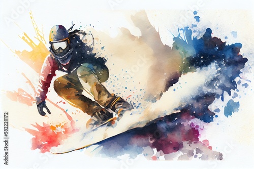 Watercolor Illustration of a Snowboarder On The Slope. Generative AI