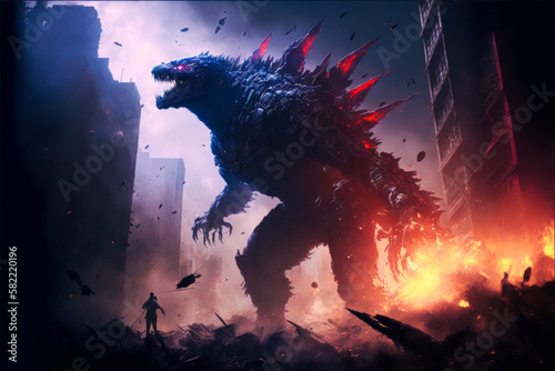 Godzilla standing in the middle of city with fire coming out of his mouth. Generative AI.