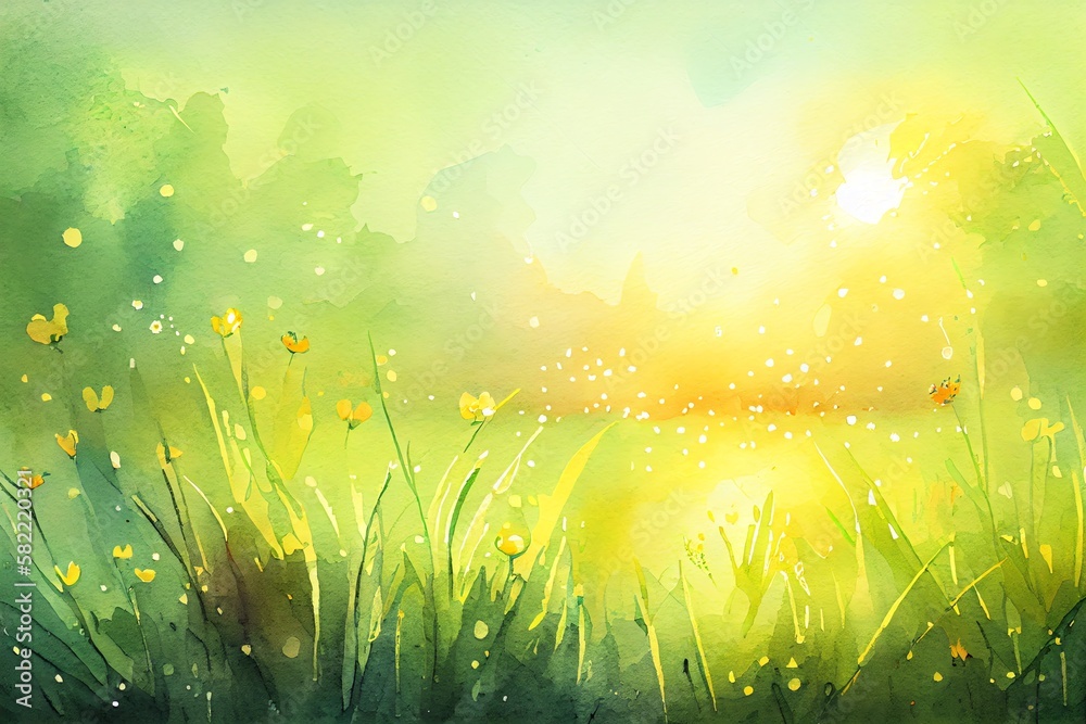 Watercolor Illustration of a Spring Mood Horizontal Blurred Yellow And Green Backdrop With Fresh Grass And Bokeh Lights Air Sunlight, Spring Background Sunny Day At The Meadow. Generative AI
