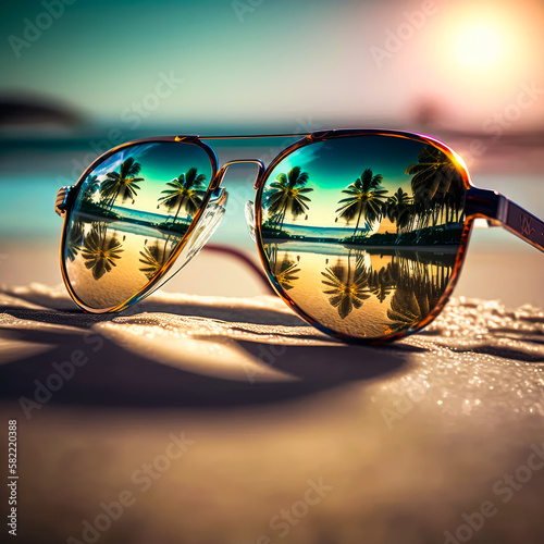 Pair of sunglasses on the beach with palm trees reflected in them. Generative AI. © valentyn640