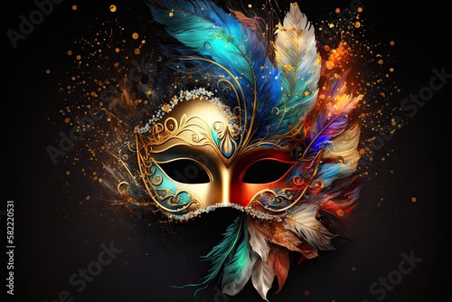 A Magnificent Realistic Venetian Mask for a Colorful Carnival Masquerade. Generative AI