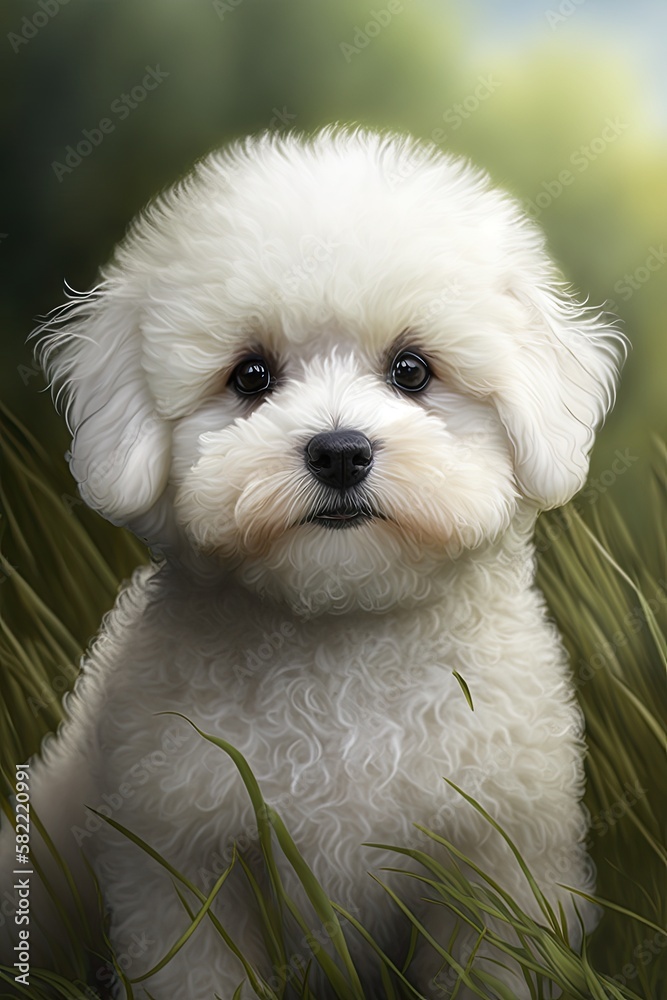 Adorable Bichon Frise Puppy Sitting in the Grass - A Sweet Portrait of Domesticity: Generative AI