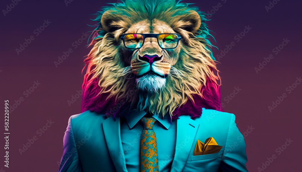 Man in suit and tie with lion head. Generative AI.