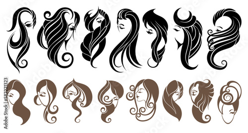 Beautiful girls with long hair. Vector illustration of a different hair types