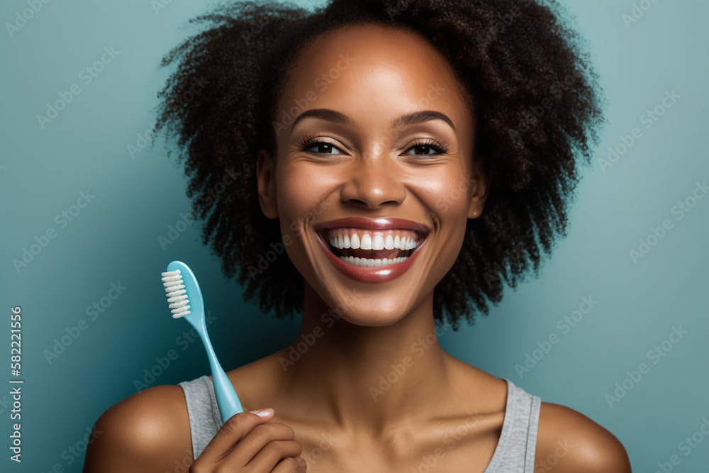 mulher negra com dentes brancos segurando escova de dente  - obrazy, fototapety, plakaty 