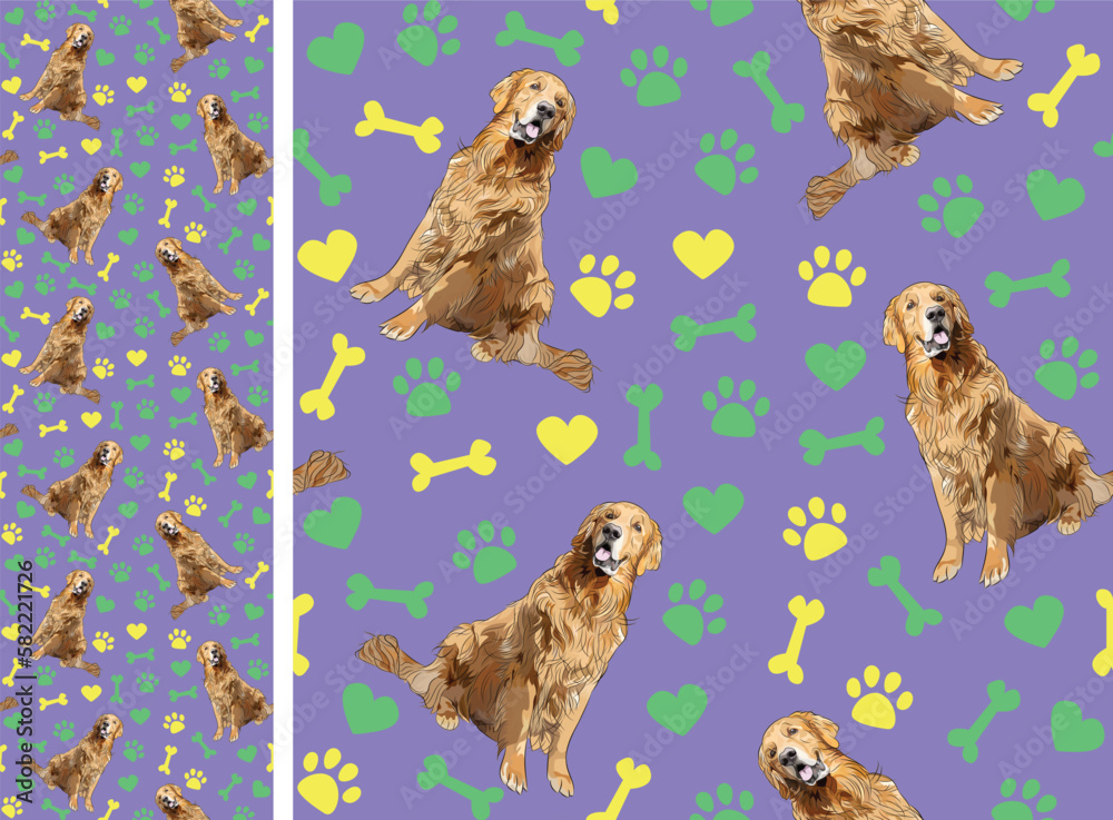 Fototapeta premium Golden Retriever dogs on a playful violet background with bones, hearts, paws. Funky, colorful vibe, vibrant palette. Simple, clean, modern texture. Summer seamless pattern with dogs.Birthday present.