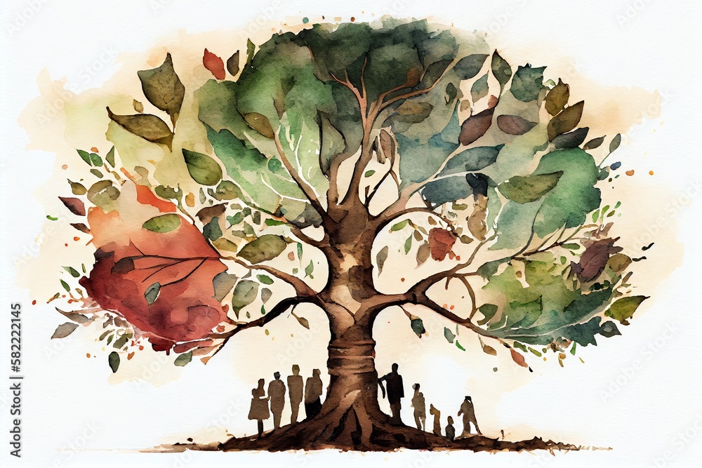 Watercolor Illustration of a Family Tree. Generative AI - obrazy, fototapety, plakaty 