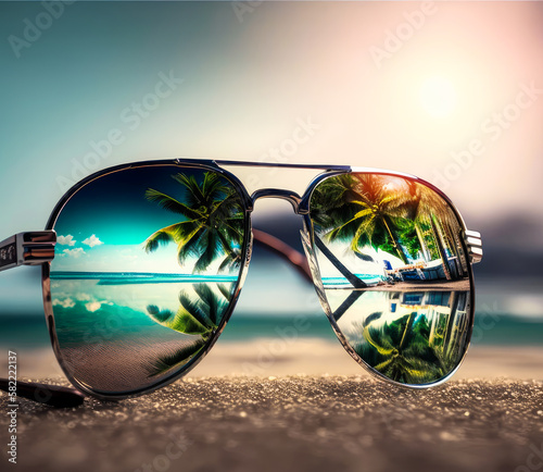 Pair of sunglasses on the beach with palm trees in the reflection. Generative AI.