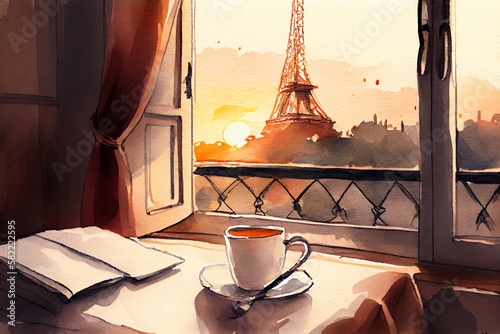 Fototapeta Naklejka Na Ścianę i Meble -  Watercolor Illustration of a Cup Of A Delicious Cup Of Coffee In Romantic French Hotel Room With View To The Eiffel Tower In The Sunset. Romantic View. Generative AI