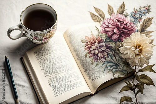 café da manha encima da mesa com biblia sagrada  photo