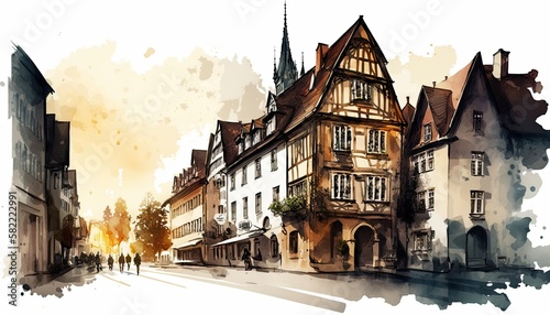 Awe-Inspiring Cityscape of Ancient European Town - Old City Street Vibe in Watercolor Digital Art, Generative AI
