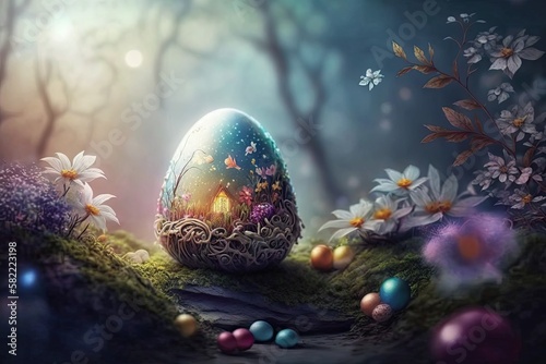 Celebrate the Joy of Easter with this Colourful Blurred Fantasy Scene and Easter Egg. Generative AI