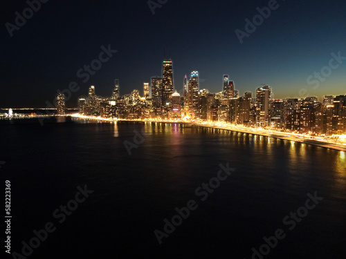 Aerial view of the downtown city of Chicago  Illinois  skyline at night. USA 2023