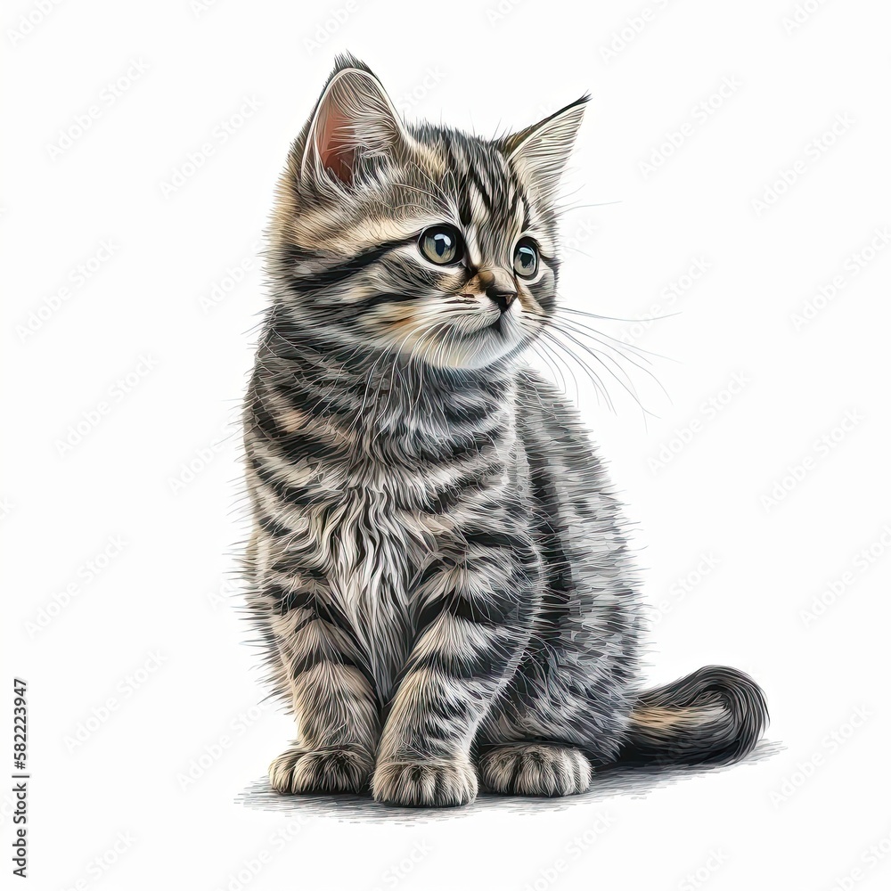 Fototapeta premium Cute Tabby Cat Looking Up from Its Isolated White Fur: Generative AI