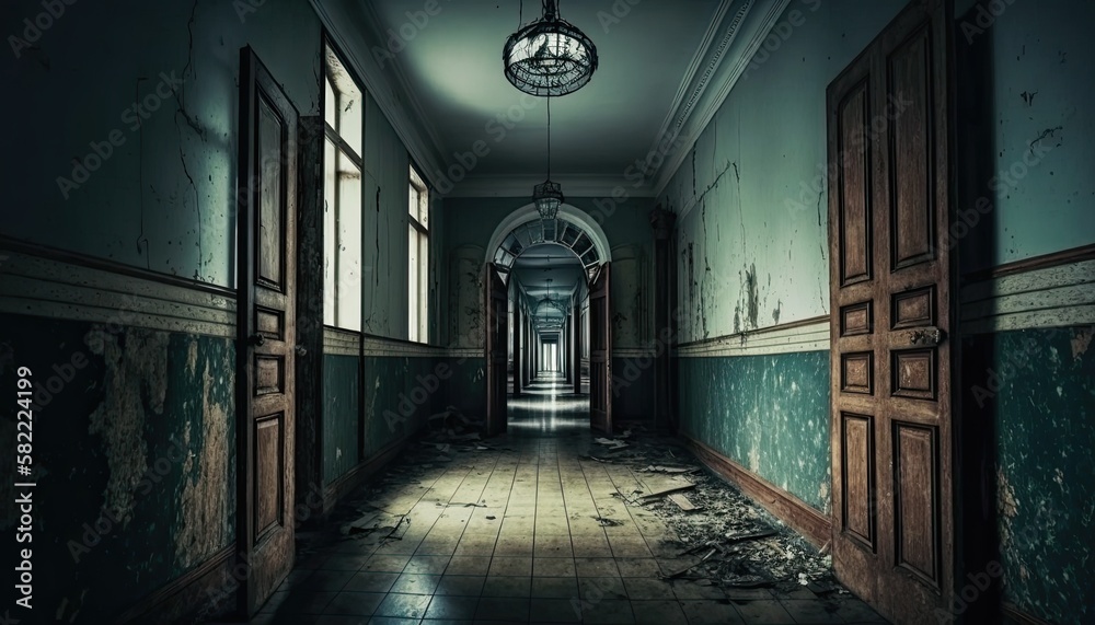 Eerie Analogue Vibes of a Dark and Abandoned Soviet Psychiatric Asylum Corridor, Generative AI