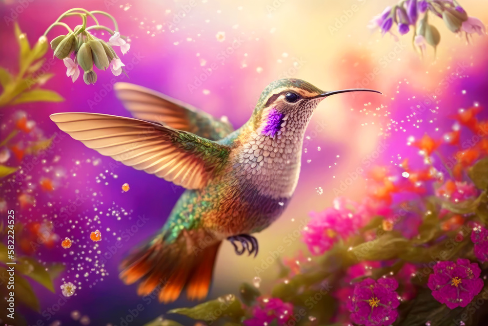Fototapeta premium Delightfully beautiful bird hummingbird in flight over flowering plants in spring, Generative AI