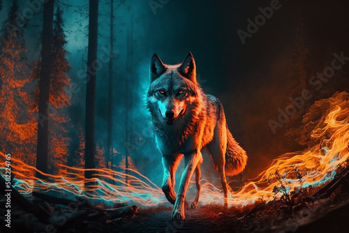 lobo poderoso saindo de mata em chamas incéncio florestal  photo