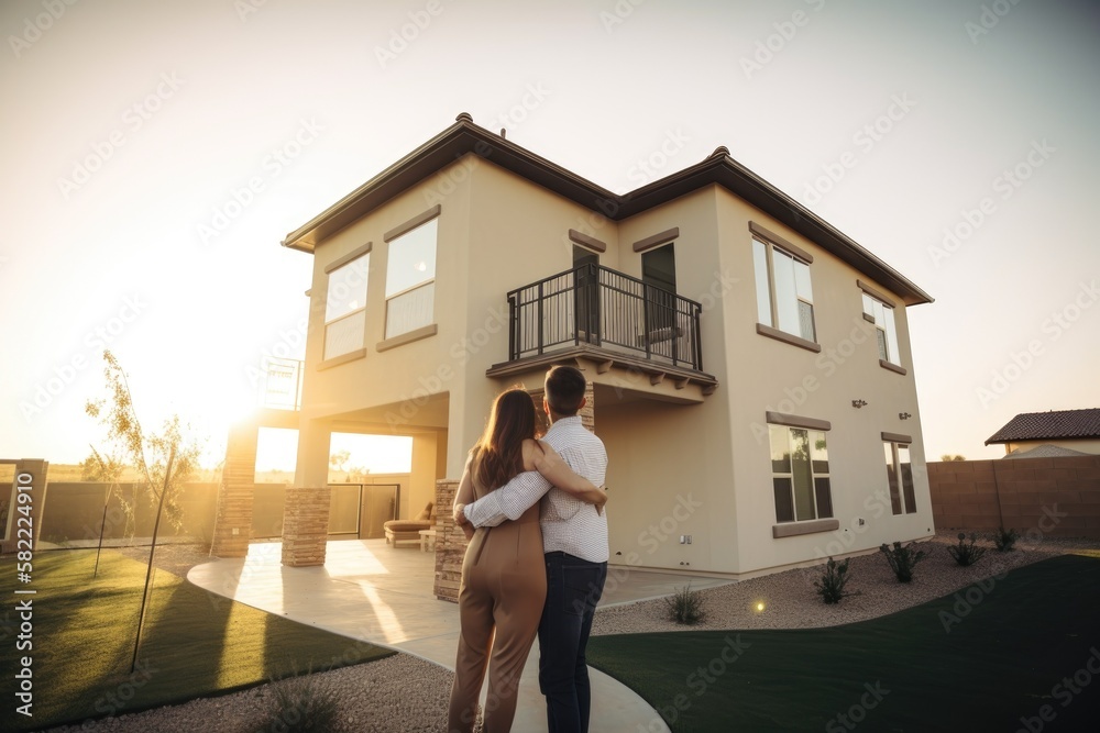 Obraz premium Rear view of young couple looking at their new house