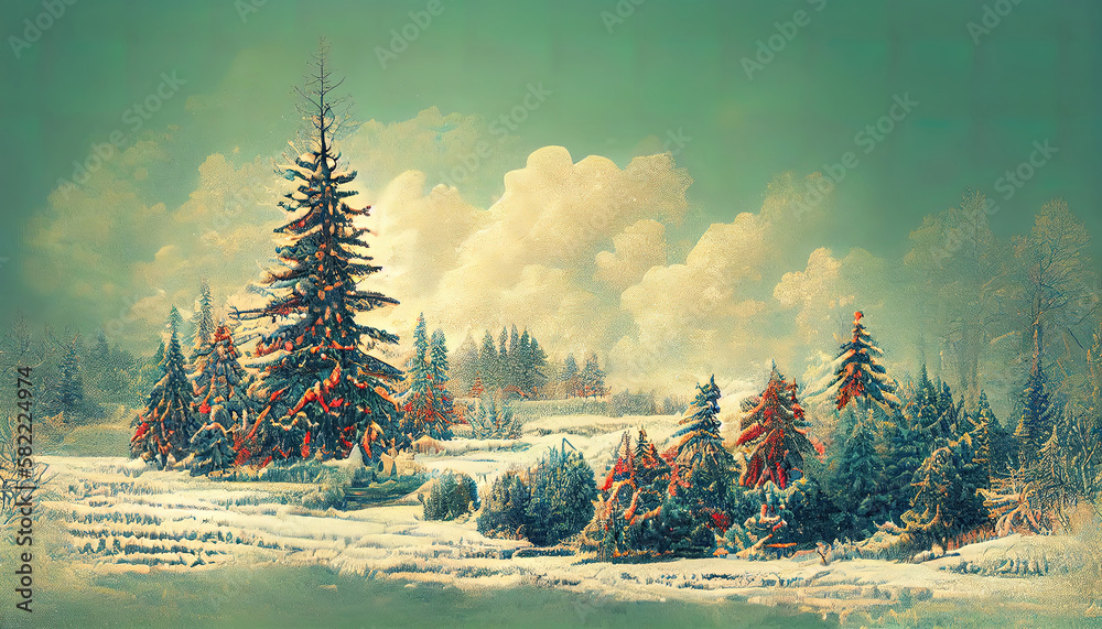 Winter landscape with snow and fir trees as vintage christmas wallpaper. Generative Ai