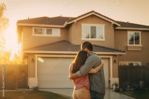 Rear view of a couple looking at their new house © Charlie