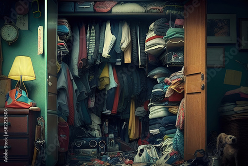 Untidy closet with bunch of messy clothes. Wardrobe in room with thrown clothes on shelf. Created with Generative AI