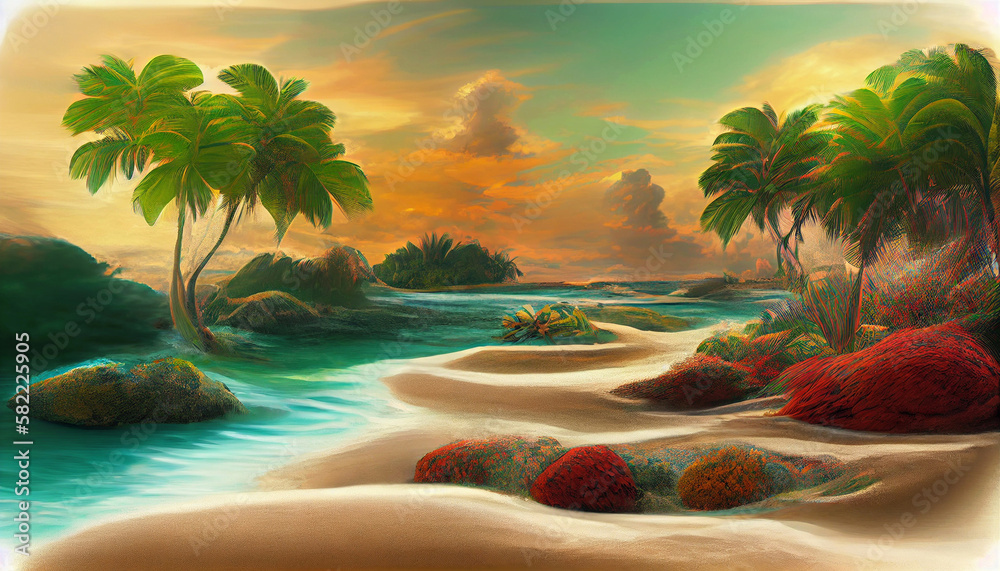 Naklejka premium Original 3D art, Tropical island beach wallpaper. Generative Ai