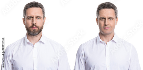 man bearded face comparison before and after isolated on white background.