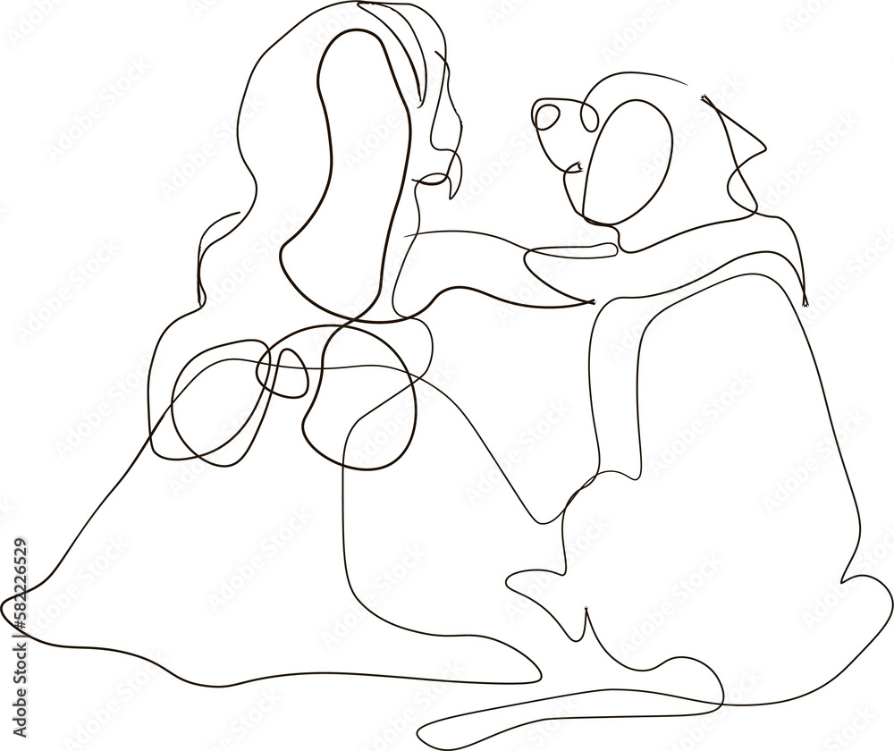 Obraz premium Friendly relationship between child and dog. one line illustration. The child hugs a golden retriever. friends forever. two look into the distance.