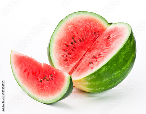Fruit food concept. Side view photo of ripe watermelon and slice isolated on white background