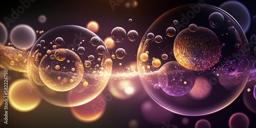 Pretty bubbles background with dark colors, many perfect illiminated circles in various sizes floating under water, marine life fantasy, detailed, slightly defocused design made using Generative AI. photo