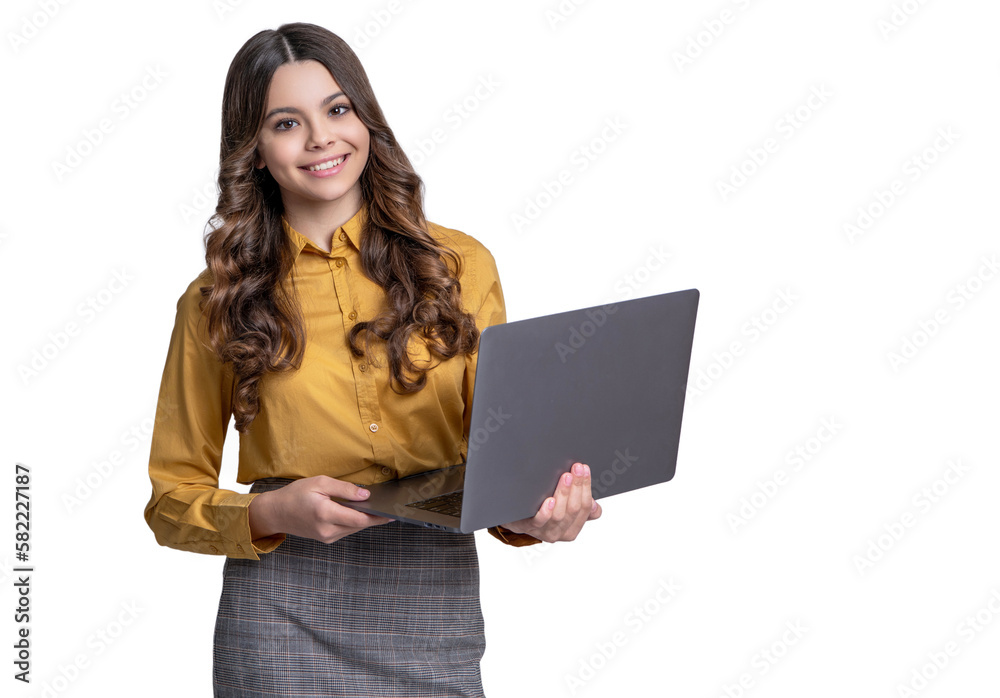 photo of cheerful teen school girl estudy with computer. teen school girl estudy isolated on white. photo of cheerful teen school girl estudy with computer. teen school girl estudy isolated on white.