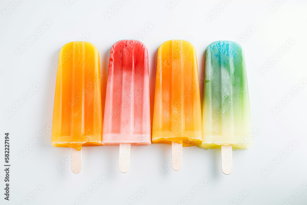 Colorful popsicle displayed against a plain white backdrop, Generative AI.