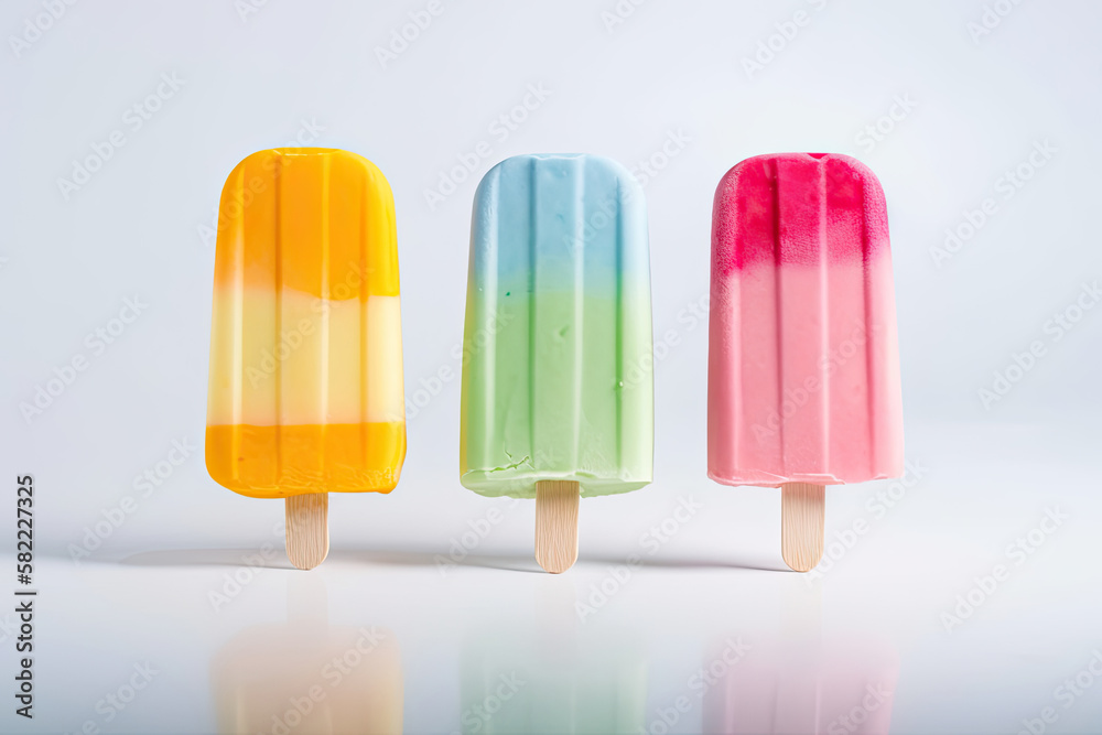 Colorful popsicle displayed against a plain white backdrop, Generative AI. Colorful popsicle displayed against a plain white backdrop, Generative AI.