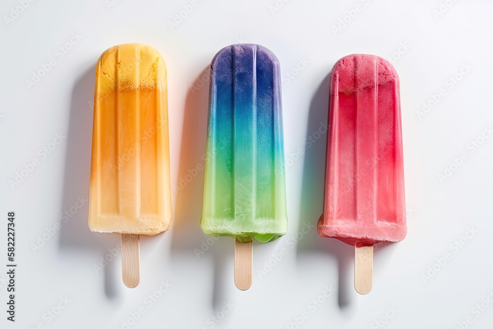 Colorful popsicle displayed against a plain white backdrop, Generative AI. Colorful popsicle displayed against a plain white backdrop, Generative AI.