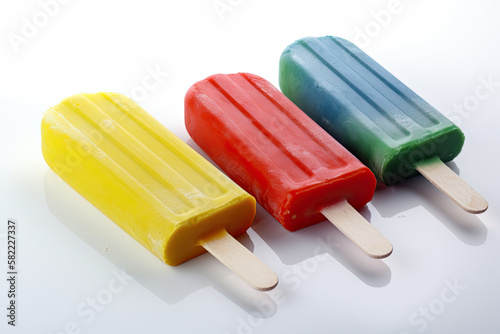 Colorful popsicle displayed against a plain white backdrop, Generative AI.