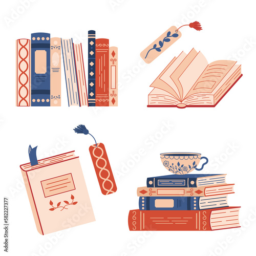 Various paper books, books lying in various positions, standing on shelves, open, closed, a cup with a hot drink. Hand drawn flat illustration of books.