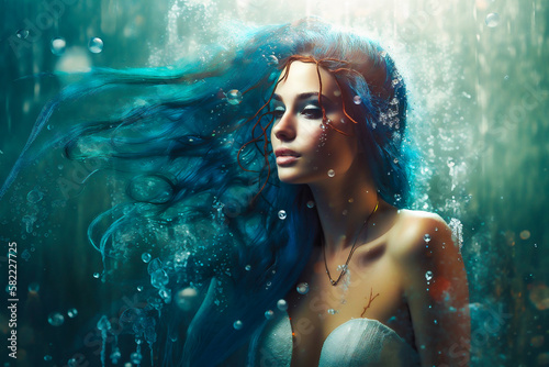 Keine echte Person, Illustration einer Meerjungfrau im Wasser, Generative AI