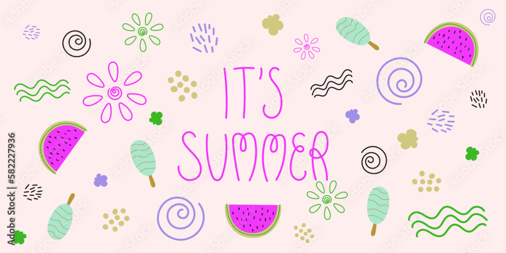 It is summer phrase vector clip art set Hand drawn lettering illustration with watermelon, sun, waves, swirls, dots, doodle symbols of summer season It is summer phrase vector clip art set Hand drawn lettering illustration with watermelon, sun, waves, swirls, dots, doodle symbols of summer season
