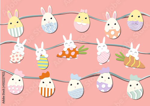 Set d’éléments de Pâques, lapin, oeuf, poule, carotte, motifs jeunesse.