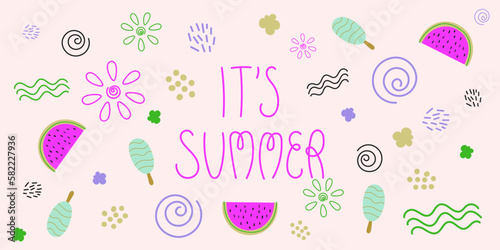 It is summer phrase vector clip art set Hand drawn lettering illustration with watermelon, sun, waves, swirls, dots, doodle symbols of summer season 