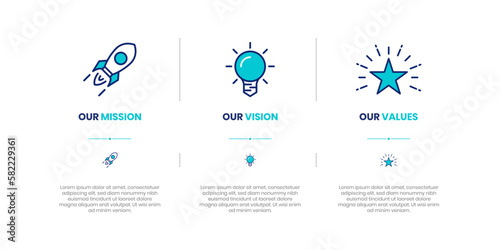 Mission, Vision and Values of company with text. Company infographic Banner template. Modern flat icon design.
