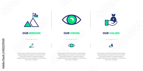 Mission, Vision and Values of company with text. Company infographic Banner template. Modern flat icon design.