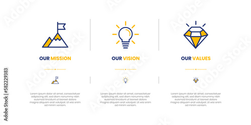 Mission, Vision and Values of company with text. Company infographic Banner template. Modern flat icon design.
