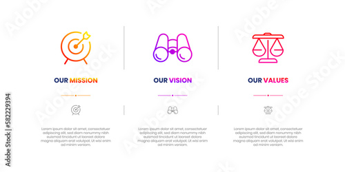 Mission, Vision and Values of company with text. Company infographic Banner template. Modern flat icon design.